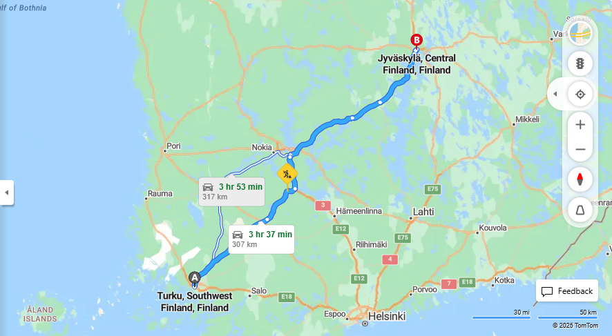 Turusta Jyvaskylaan - Matkan etaisyys, ajo, kuljetus ja matkustusvaihtoehdot