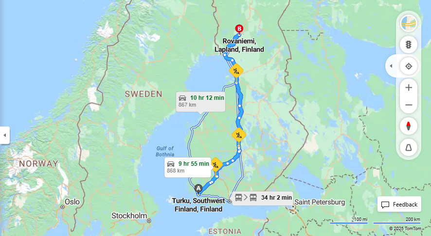 Turusta Rovaniemelle - Etaisyys, Ajomatka, Kuljetus ja Matkavaihtoehdot
