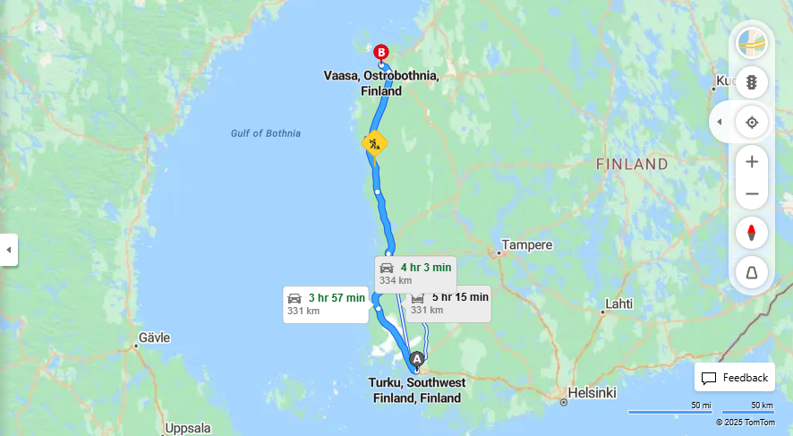 Turusta Vaasaan - Etaisyys, Ajo, Kuljetus ja Matkustusvaihtoehdot