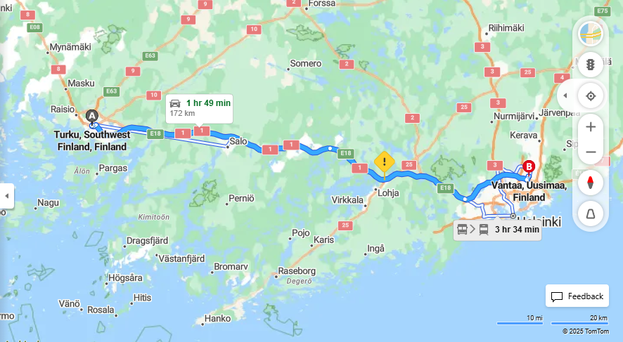 Turusta Vantaalle - Etaisyys, Ajaminen, Liikenne ja Matkustusvaihtoehdot