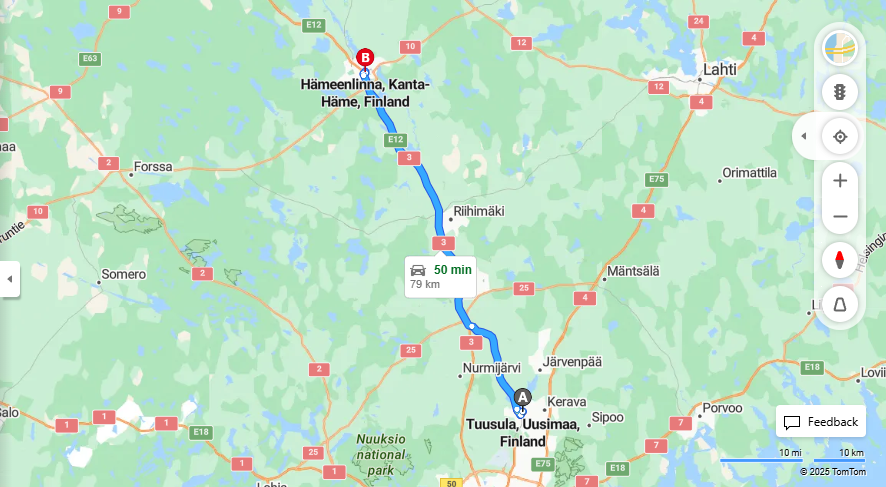 Tuusulasta Hameenlinnaan - Etaisyys, Ajo, Liikenne ja Matkustusmahdollisuudet