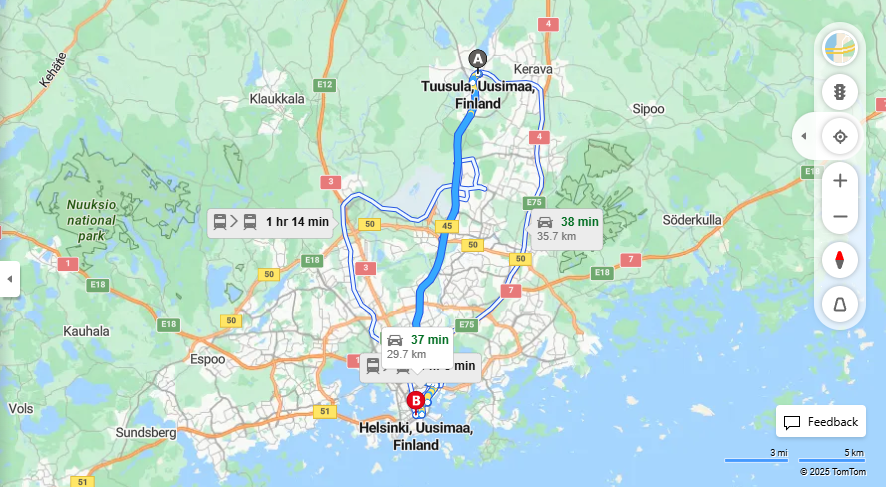 Tuusulasta Helsinkiin - Etaisyys, Ajomatka, Liikkumismahdollisuudet ja Matkustustavat