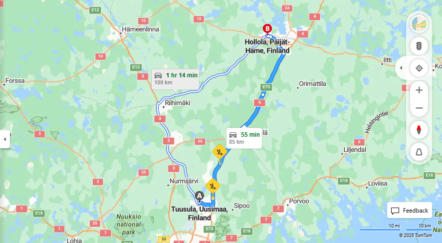 Tuusulasta Hollolaan - Etaisyydet, Ajo, Kuljetus ja Matkavaihtoehdot