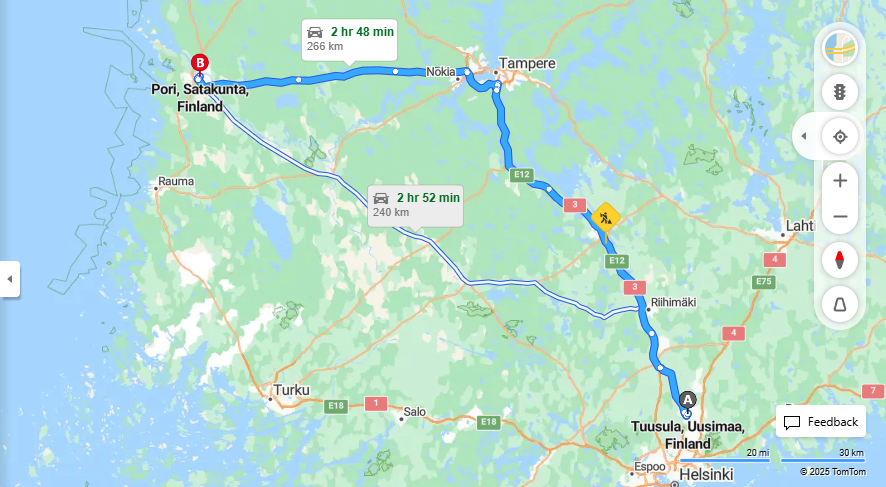 Tuusulasta Poriin - Etaisyys, Ajo, Kuljetus ja Matkavaihtoehdot