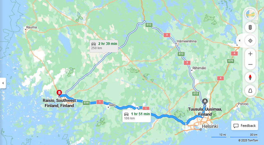Tuusulasta Raisioon - Etaisyys, Ajo, Kuljetus ja Matkavaihtoehdot