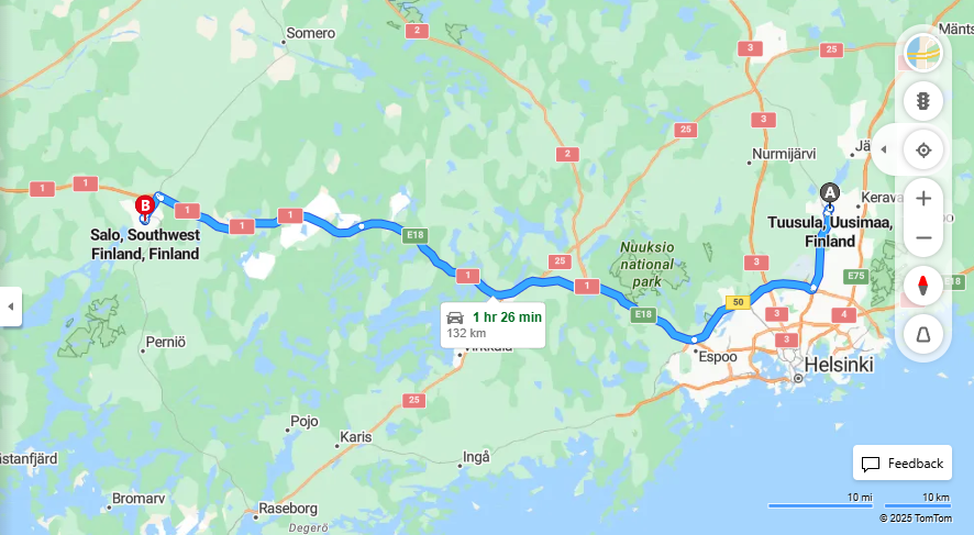 Tuusulasta Saloon - Etaisyydet, Ajo, Kuljetus ja Matkustusmahdollisuudet