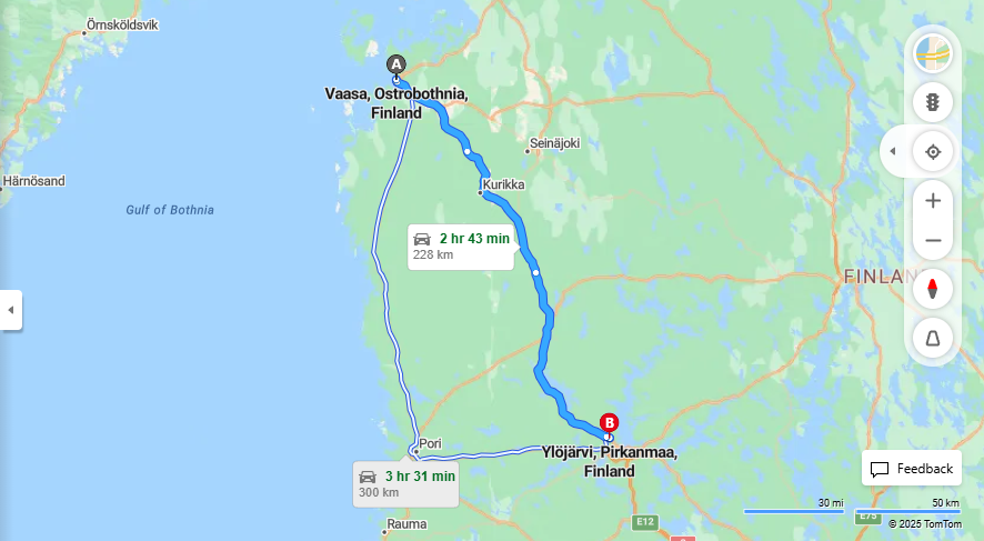 Vaasa-Ylojarvi: Etaisyys, ajo, liikenne ja matkustusvaihtoehdot
