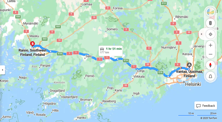 Vantaa Raisioon: Etaisyydet, Ajaminen, Kuljetus ja Matkustamisvaihtoehdot