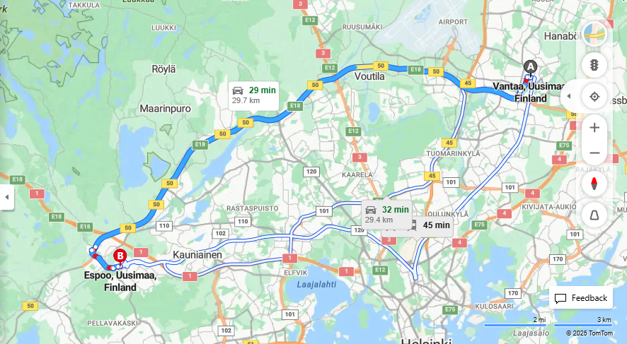 Vantaalta Espooseen - Etaisyys, Ajaminen, Kuljetus ja Matkustusmahdollisuudet