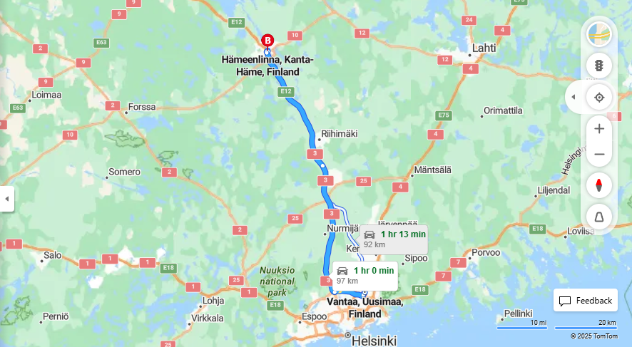 Vantaasta Hameenlinnaan - Etaisyys, Ajo, Liikenne ja Matkustusmahdollisuudet