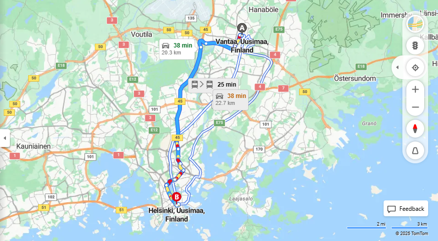 Vantaasta Helsinkiin - Etaisyys, Ajomatka, Liikenne ja Matkavaihtoehdot