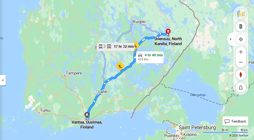 Vantaasta Joensuuhun - Etaisyys, Ajaminen, Kuljetus ja Matkustusvaihtoehdot