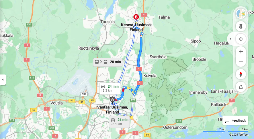 Vantaasta Keravalle - Etaisyys, Ajaminen, Liikenne ja Matkustusvaihtoehdot