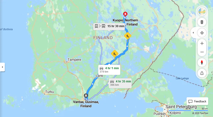 Vantaasta Kuopioon - Etaisyys, Ajomatka, Kuljetus ja Matkustusmahdollisuudet