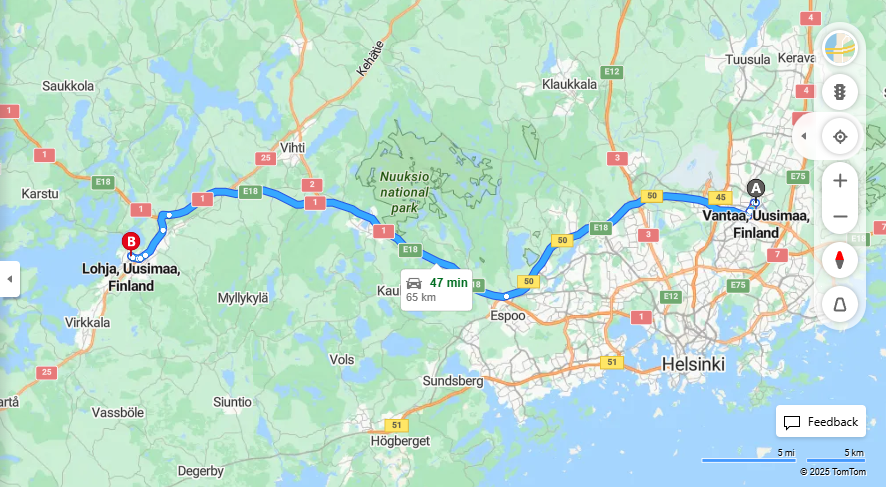 Vantaasta Lohjalle - Etaisyys, Ajo, Liikenne ja Matkustusvaihtoehdot