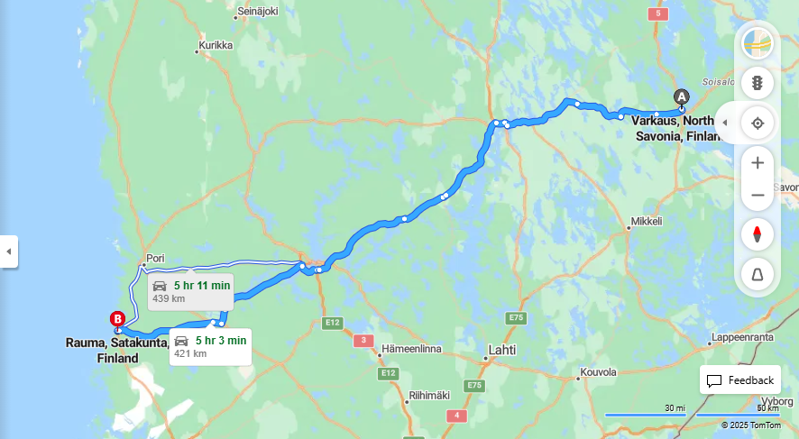 Varkaudesta Raumalle - Etaisyydet, Ajomatkat, Liikkuminen ja Matkustusvaihtoehdot