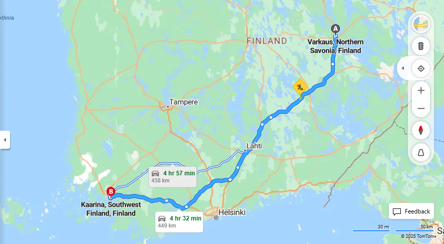 Varkaus Kaarinaan - Etaisyydet, Ajanvietto ja Matkustusvaihtoehdot