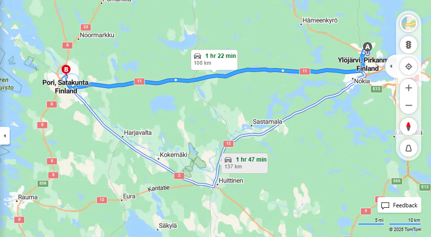 Ylojarvelta Poriin - Etaisyys, Ajomatka, Kuljetus ja Matkustusvaihtoehdot