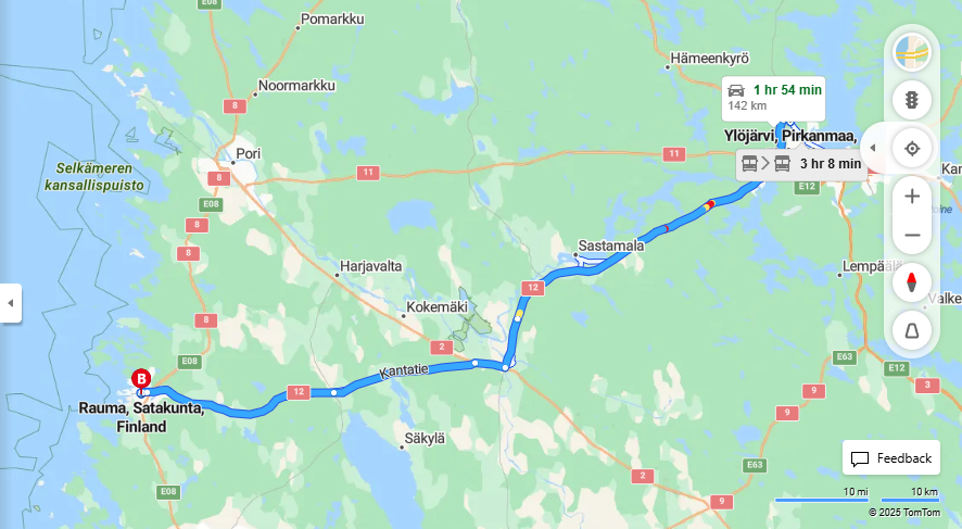 Ylojarvelta Raumalle - Etaisyys, Ajo, Kuljetus ja Matkustusvaihtoehdot
