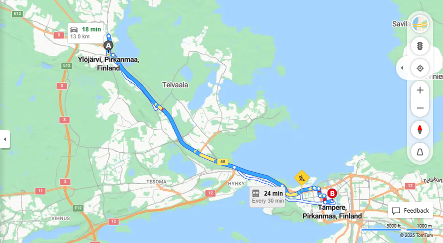 Ylojarvelta Tampereelle - Matka, Ajo, Kuljetus ja Matkustusvaihtoehdot